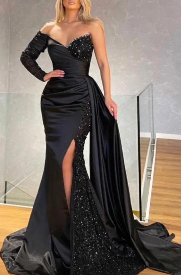 Black One Shoulder Long Sleeve Split Mermaid Prom Dress With Sequins PD0794