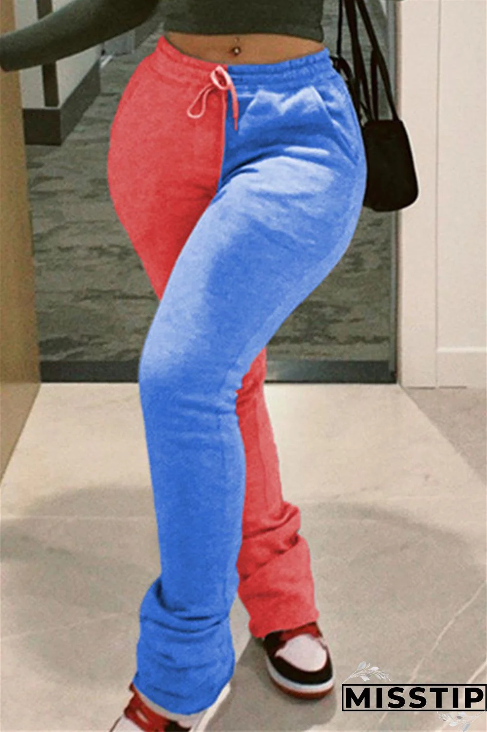 Red and blue Daily Solid Patchwork Regular Bottoms