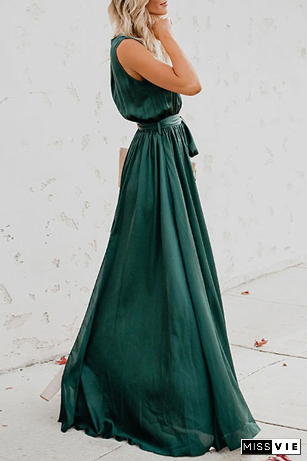 Casual Bohemian Solid High Opening With Belt V Neck Dresses