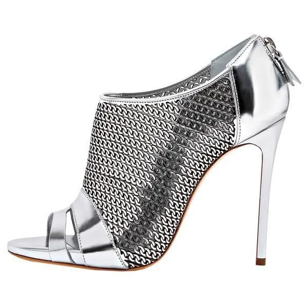 Silver Chains Pattern Stiletto Heel Peep Toe Booties |FSJ Shoes