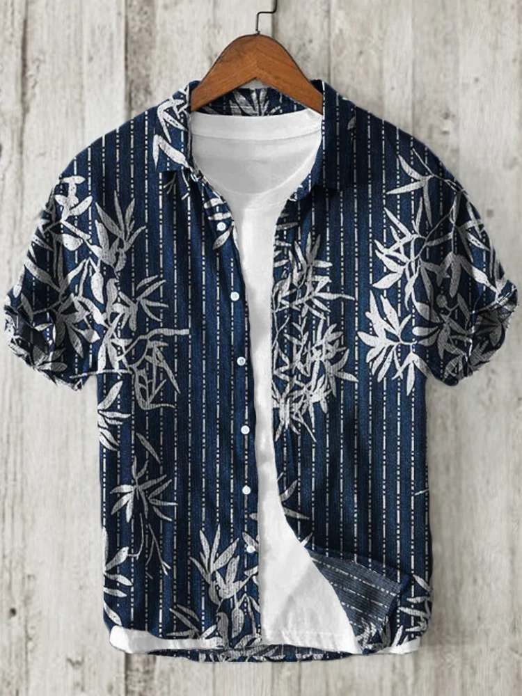 Leaves Striped Japanese Lino Art Linen Blend Shirt