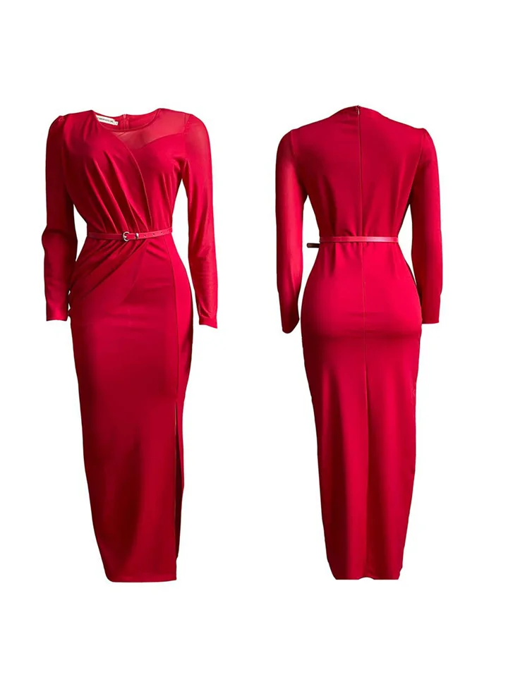 Solid Color Plus Size Round Neck Long Sleeve High Waist Long Dress Women's Mesh Splicing Dress Zipper Long Dress Dresses