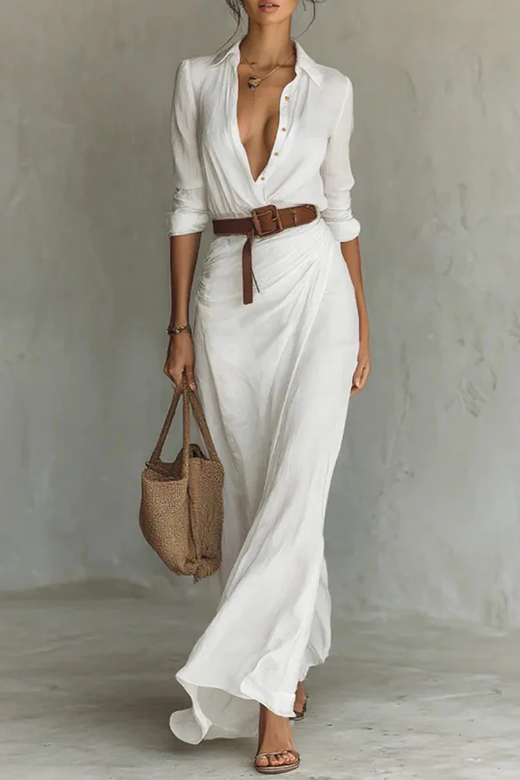 Gathered Long Sleeve Maxi Dress White / S