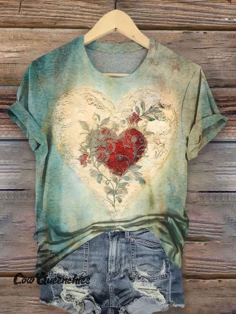 Vintage Heart Print T-Shirt Multicolor / S