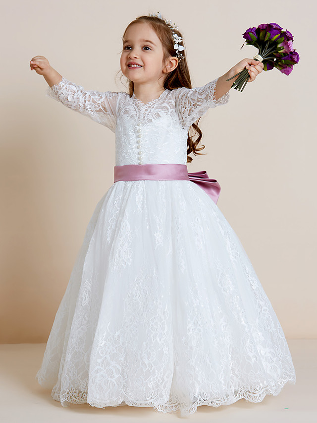 Bellasprom Long Sleeve V Neck Ball Gown Flower Girl Dress Floor Length Lace Tulle With Lace Sash Ribbon Bow Bellasprom