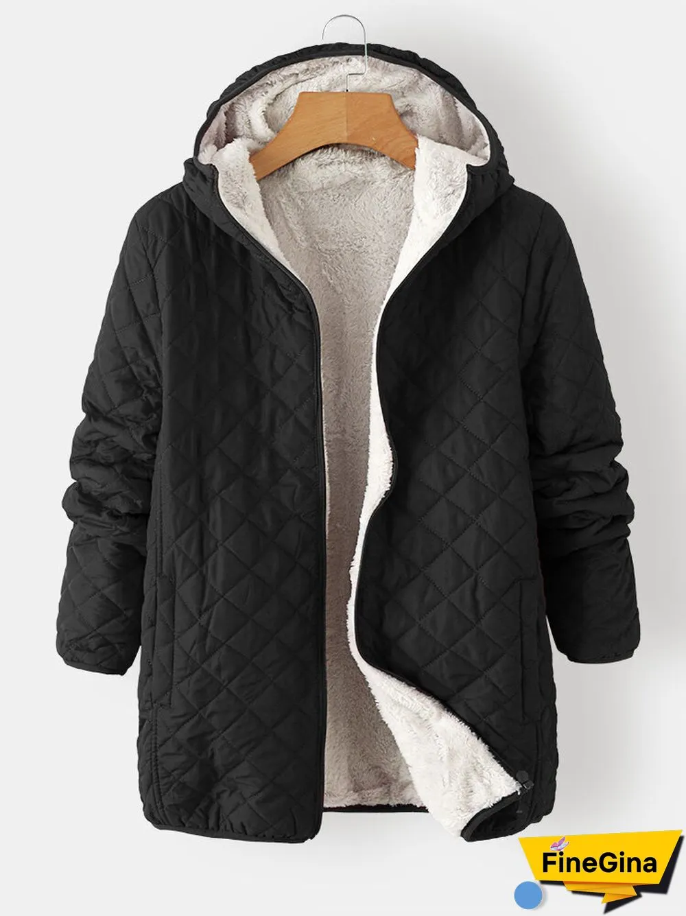 Solid Plush Zip Front Pocket Hooded Long Sleeve Coat