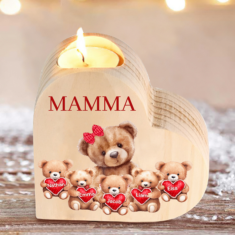 Candeliere a forma di cuore orsacchiotto 5 nomi e 1 testo personalizzati per mamma/nonna