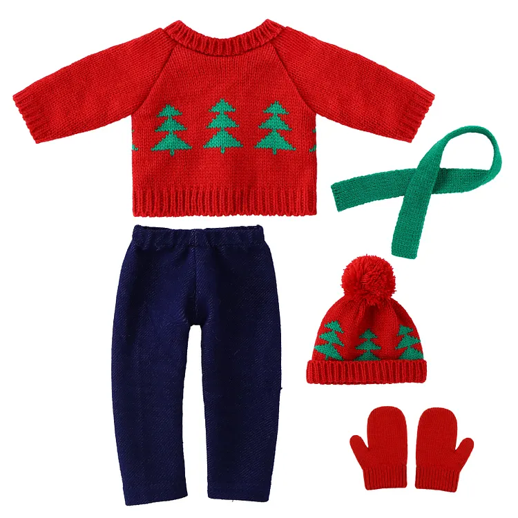 Babeside  12" - 16"  Red Christmas Tree Pattern Knit Outfit 5-Piece Doll Accessory Set