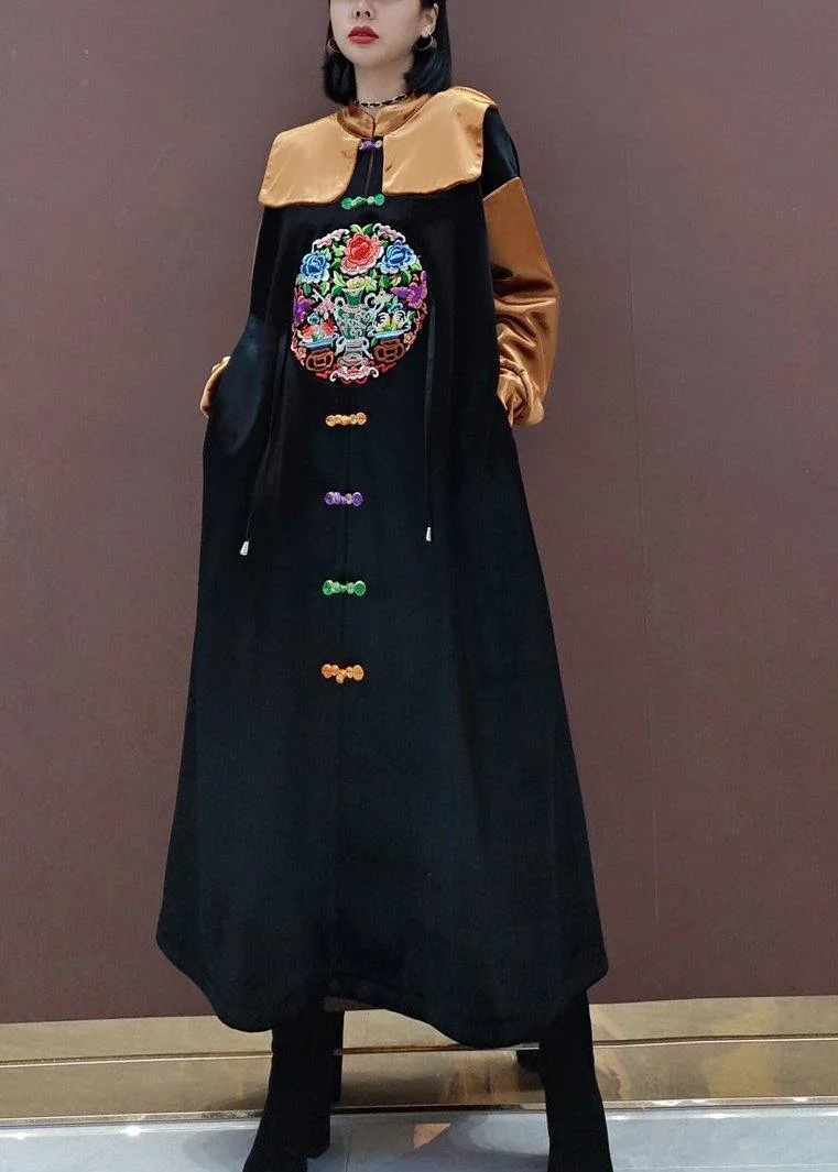 French Black Embroidery Tunic Stand Collar Patchwork Plus Size Spring Dresses