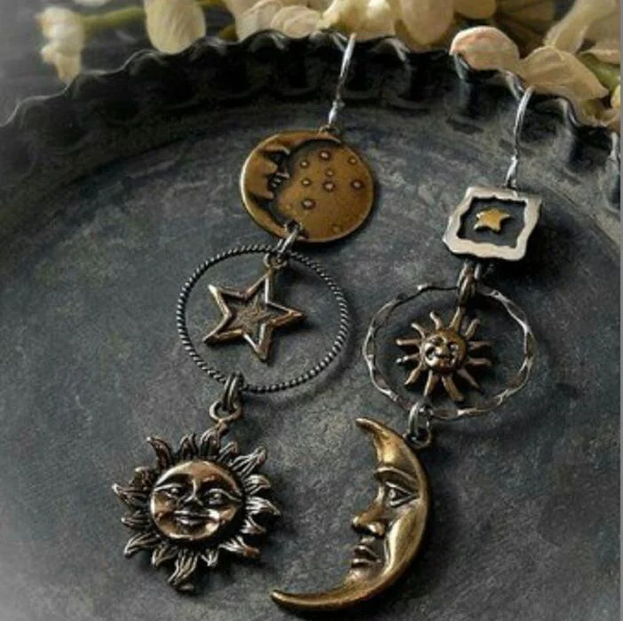 Vintage Sun and Crescent Moon Asymmetrical earrings