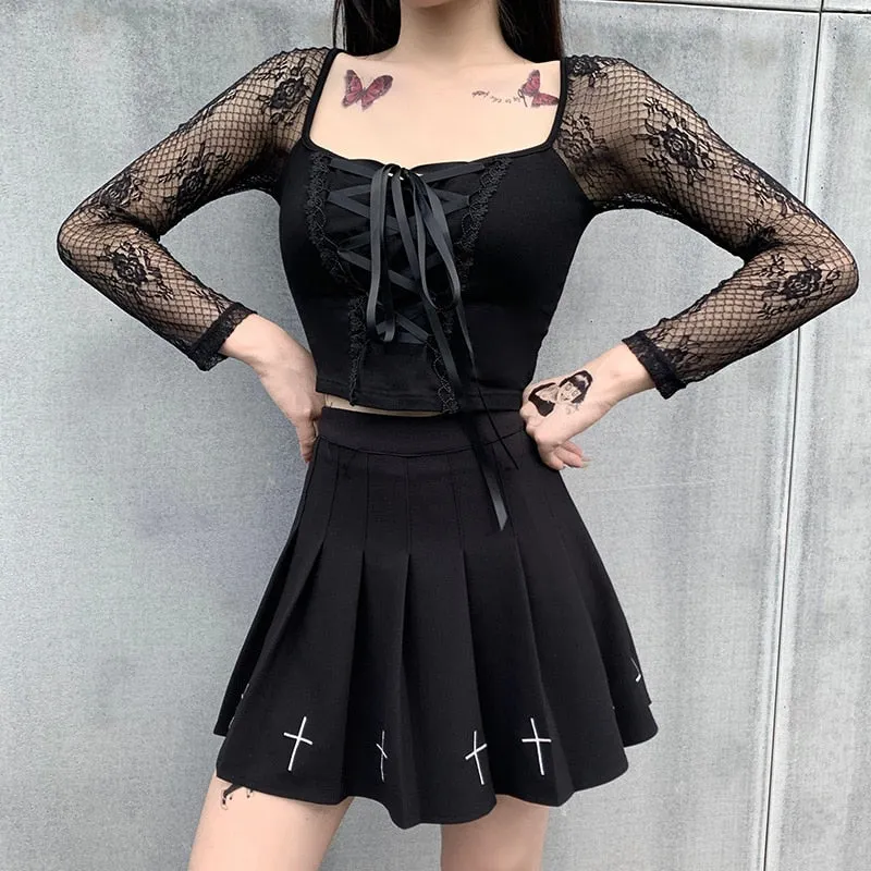 InsGoth Vintage Elegant Black Lace Up Gothic Top Sexy Mesh See Through Long Sleeve Top Women Autumn Hollow Out Bodycon Basic Top