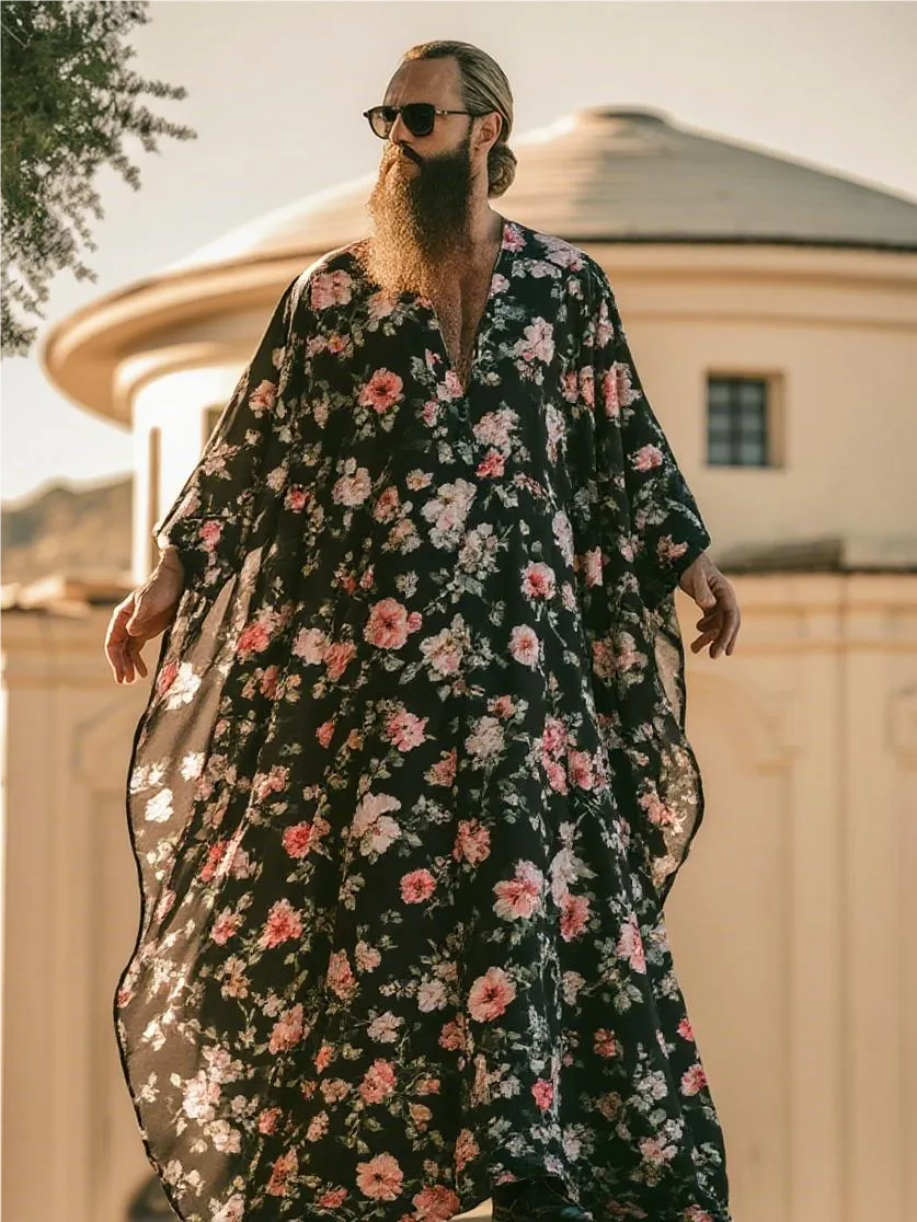Flower Robe For Men Maxikaftan Men's Black Floral Pattern V-Neck Washed Wrinkled Robe