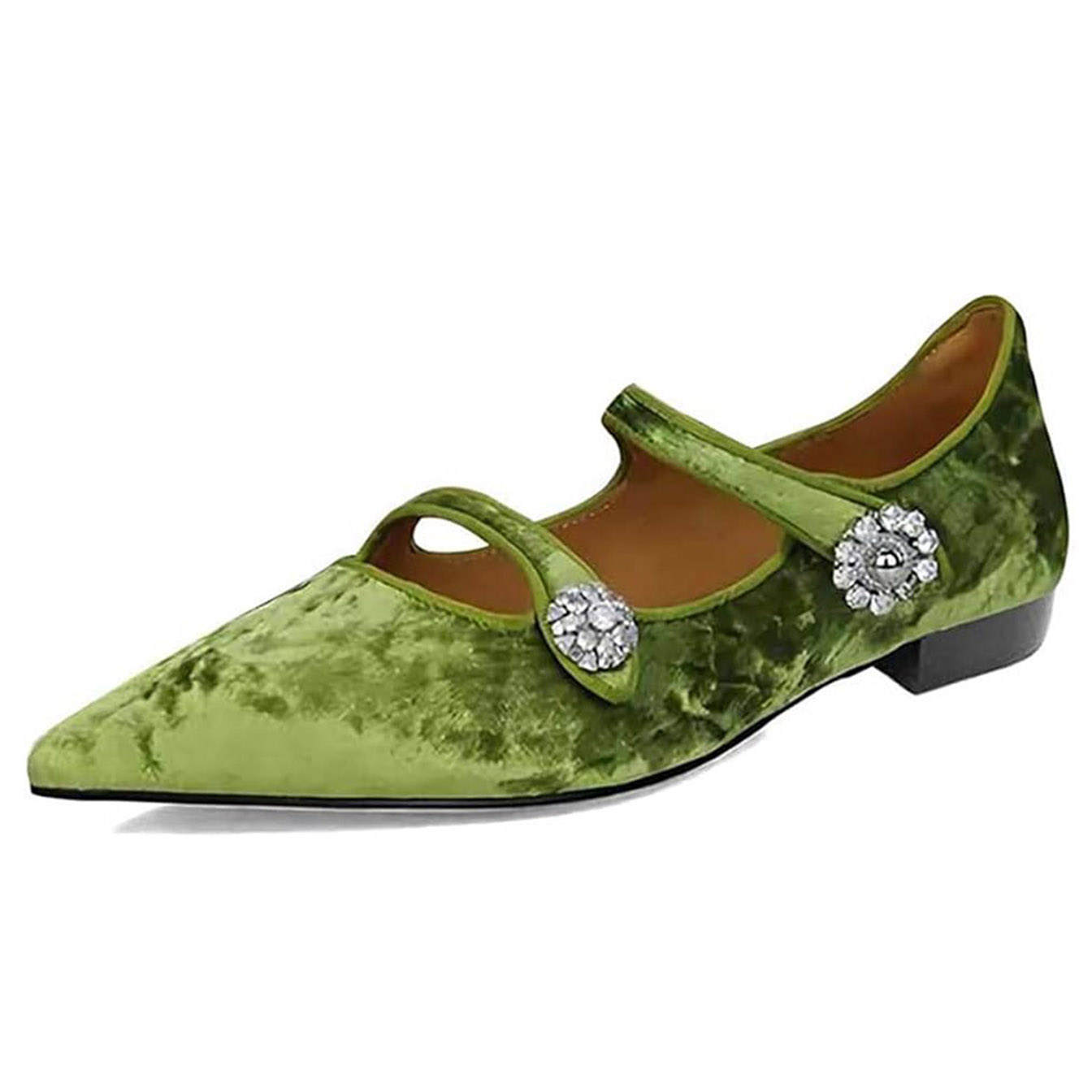 Green Pointed Toe Low Heel Rhinestone Double Straps Mary Jane Shoes Nicepairs