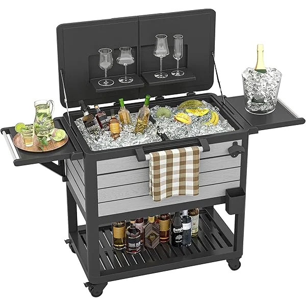 104 Quart Patio Rolling Cooler Cart with Wheels, Outdoor Large Capacity Ice Chest Cooler Cart with Bottle Opener, Storage Shelf, for Party, Pool Deck, BBQ Cookouts Black