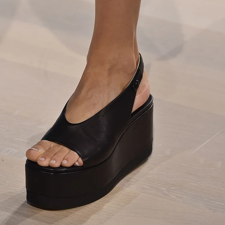 Classic Black Slingback Shoes Open Toe Platform Wedge Sandals |FSJ Shoes