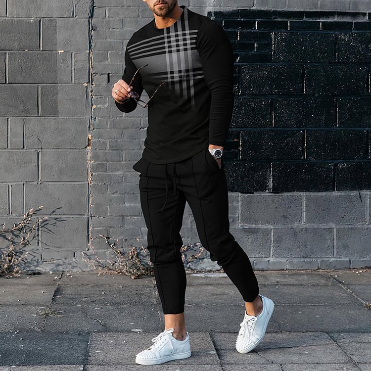 BrosWear Men's Street Casual Mesh Print Black Long Sleeve T-shirt & Pants Co-ord Sets