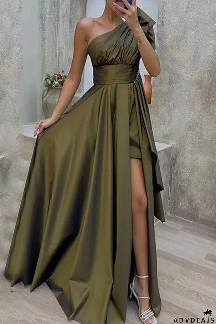 Elegant Formal Solid Slit Oblique Collar Evening Dress Dresses