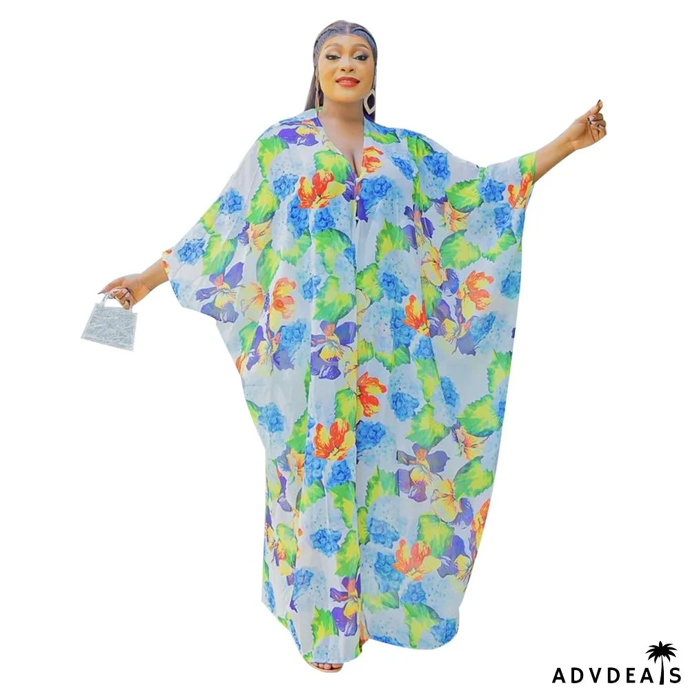 Fashion Ladies Printed V-Neck Beach Cape Casual Shorts Two-Piece Set