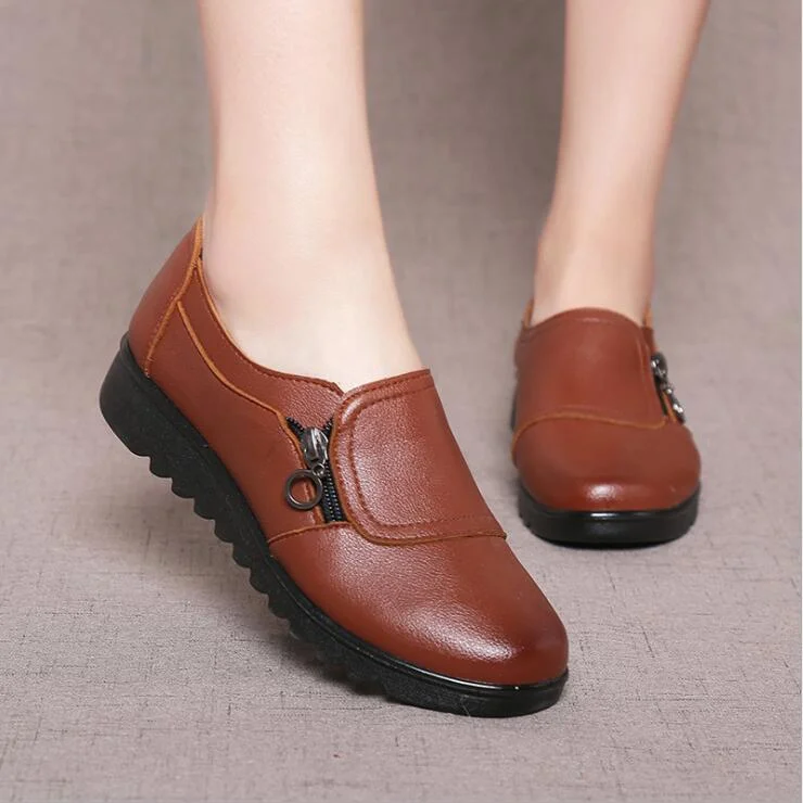 2020 Fashion Soft Leather Round head Women Casual Flats Ladies Side Zipper Flat Oxford Shoes New Mother single Shoes