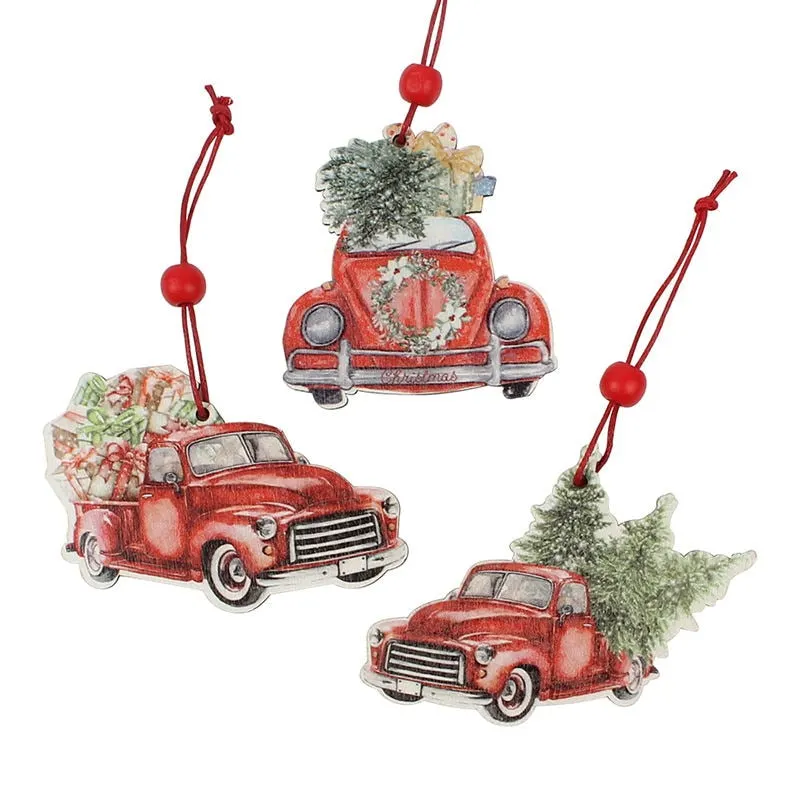 HUADODO 3Pcs Vintage Christmas Truck with tree Ornaments Wooden Christmas decoration for Xmas tree Ornament Party Kids gift