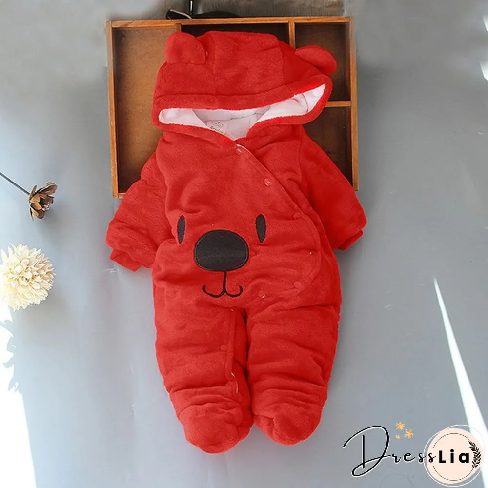 Newborn Baby Girl Boy Solid Color Cartoon Bear Velvet Hooded Jumpsuit Winter Warm Thick