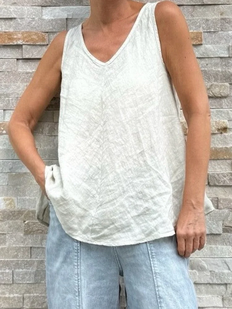 Womens Simple Solid Color V-Neck Linen Top