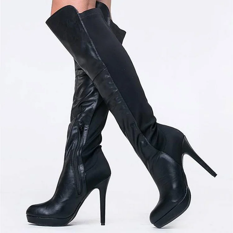Custom Made Black Round Toe Over-the-knee Boots for Women |FSJ Shoes