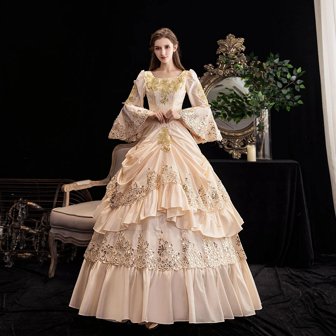 Champagne Marie Antoinette Retro Costumes Women Victorian Flared Long Sleeve Tiered Dress Masquerade Plus Size 18th Century Ball Gown Dress Novameme