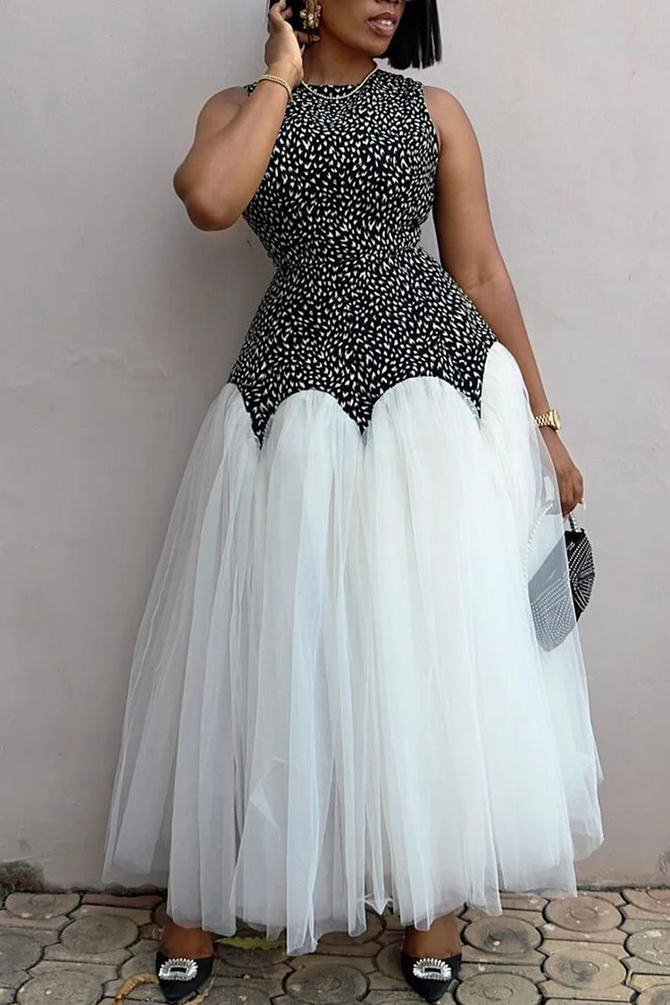 Plus Size Wedding Guest White Polka Dot Round Neck Contrast Tulle Maxi Dresses