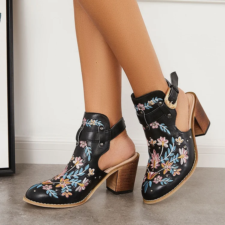 Blue Cutout Embroidered Chunky Heels Ankle Strap Slingback Sandals
