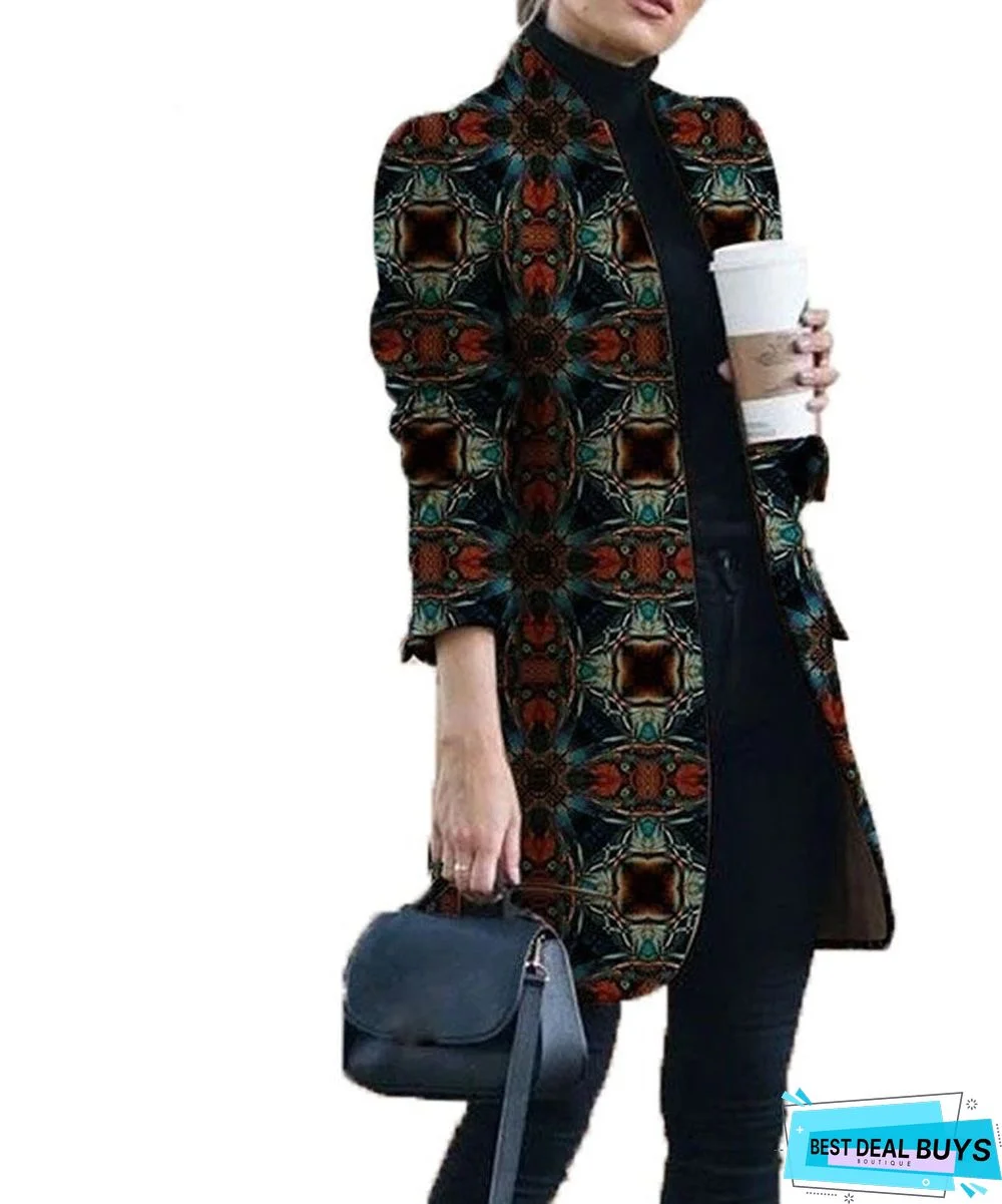 New Autumn and Winter Fashion Print Collar Woolen Coat Women