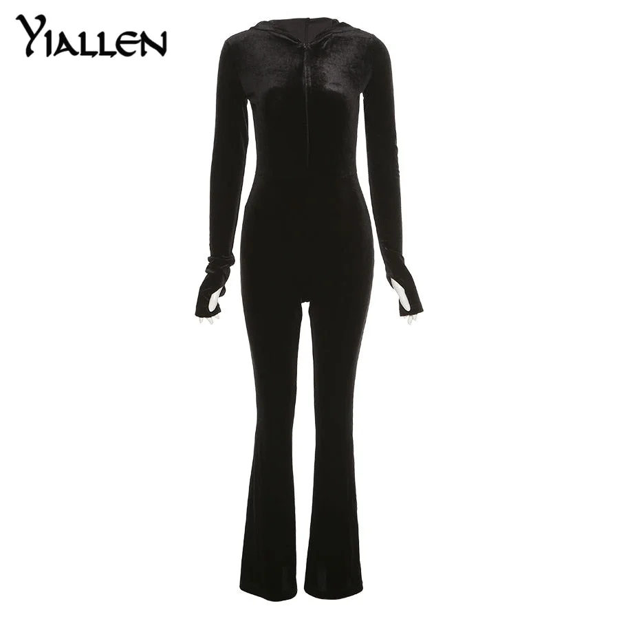 Yiallen Autumn Solid Fashion Slim Jumpsuits Women Hooded Long Sleeve Zipper Street Casual Lady Black Long Phant Rompers New Hot