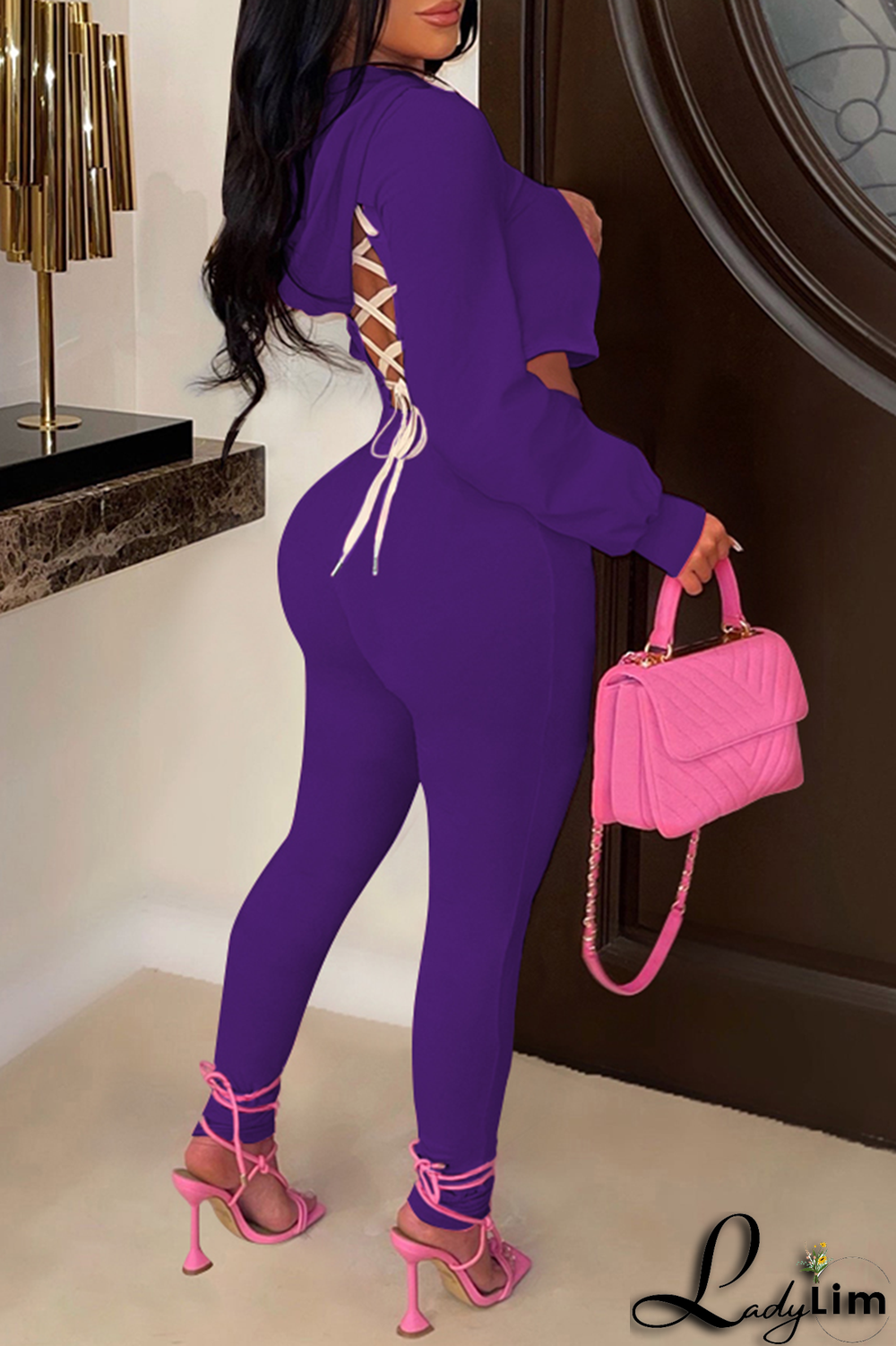 Black Casual Solid Draw String O Neck Long Sleeve Two Pieces