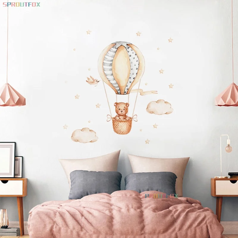 Cartoon Wall Stickers For Children's Room Kids Rooms Animals Pattern Baby Wall Stickers Bear Hot Air Balloon PVC Nursery Sticker
