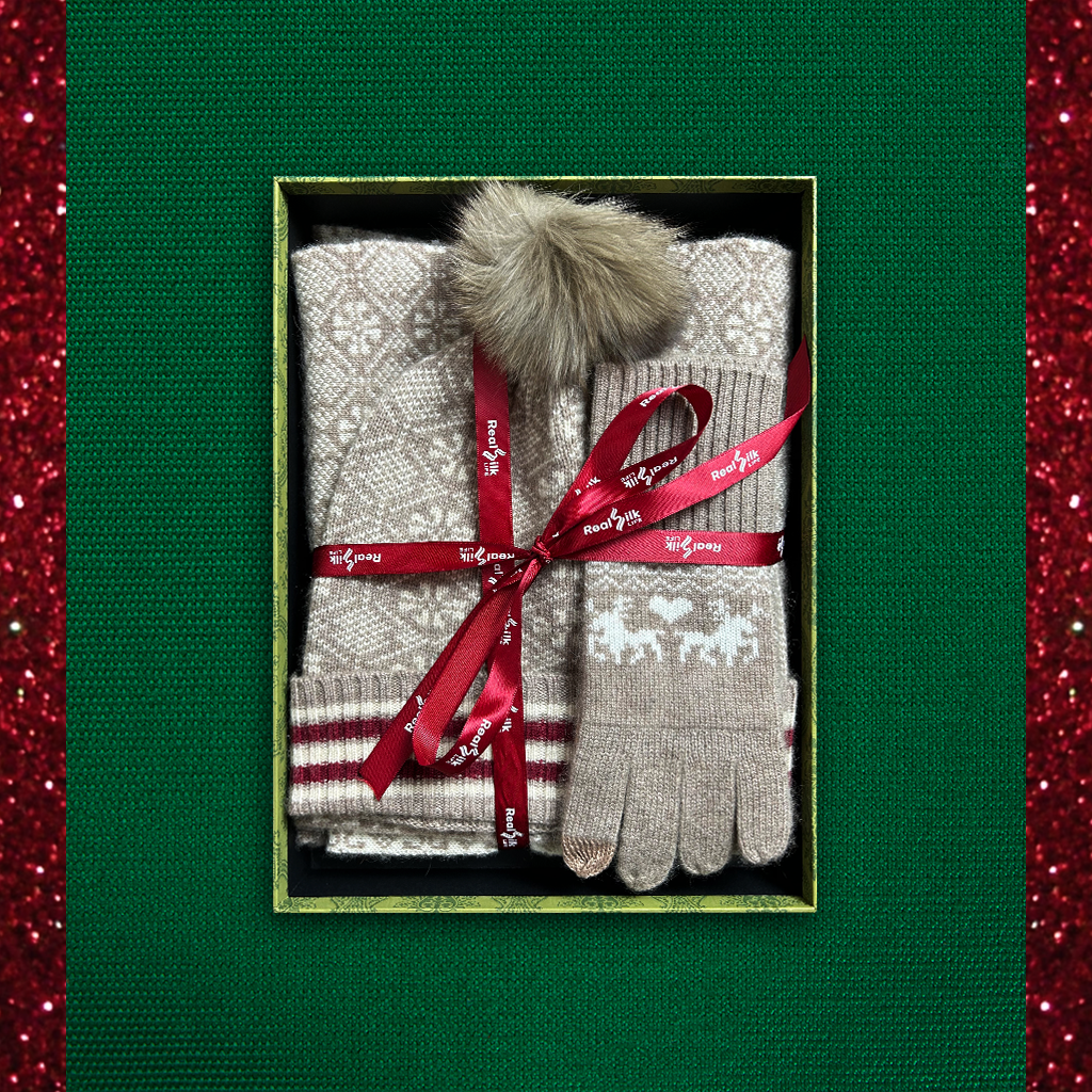 Christmas Camel Cashmere Beanie Scarf and Gloves Set- 3Pack REAL SILK LIFE
