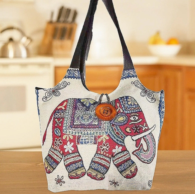 Women’s Large Canvas Elephant Ethnic Style Square Zipper Shoulder Bag