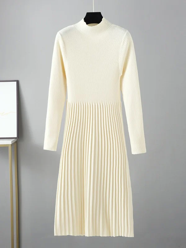 Stylish Long Sleeves High Waisted Pleated Solid Color Half Turtleneck Sweater Dresses