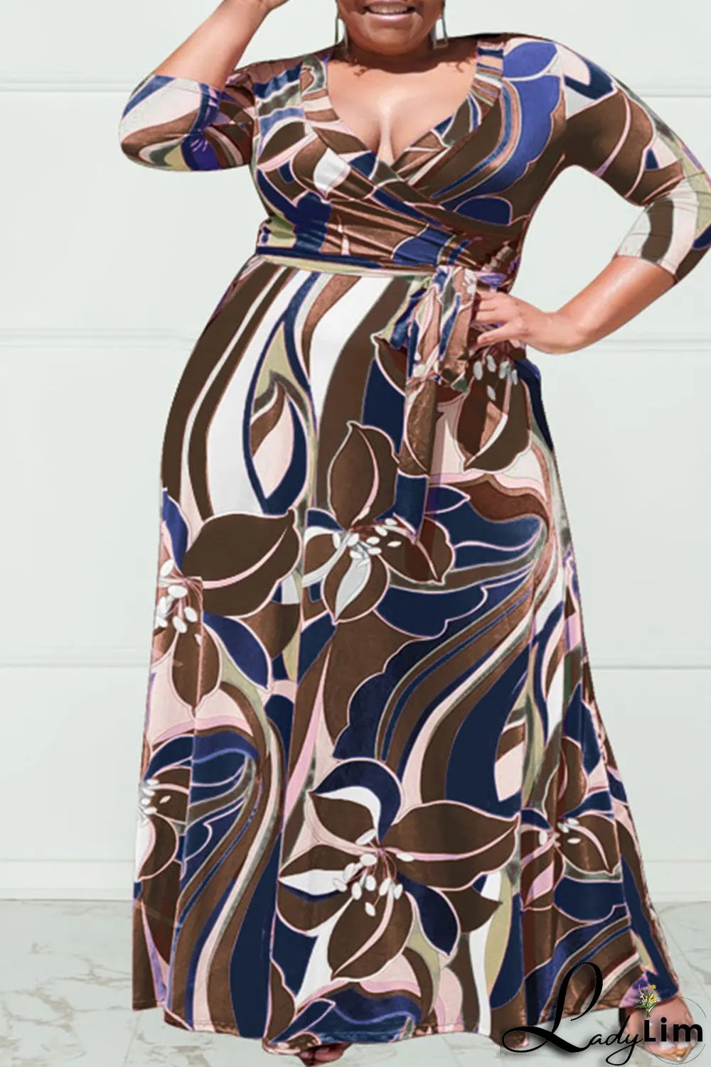 Purplish Blue Casual Print Bandage Patchwork V Neck Plus Size Dresses