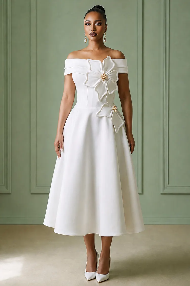 off the shoulder a line midi dress 3D Floral Pearl Decor A-Line Dresses-White [Pre Order] JERSEY PARTY: 90s & styleattribute-formal dresses Size:Custom Size while the A