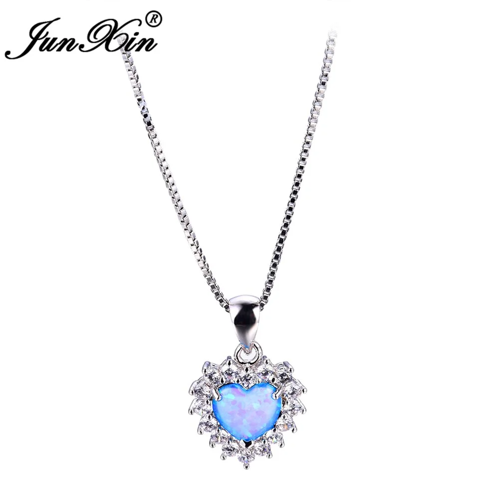 JUNXIN Blue Opal Heart Necklace Silver Color Necklaces Pendants For Women New Fashion Jewelry Best Gift
