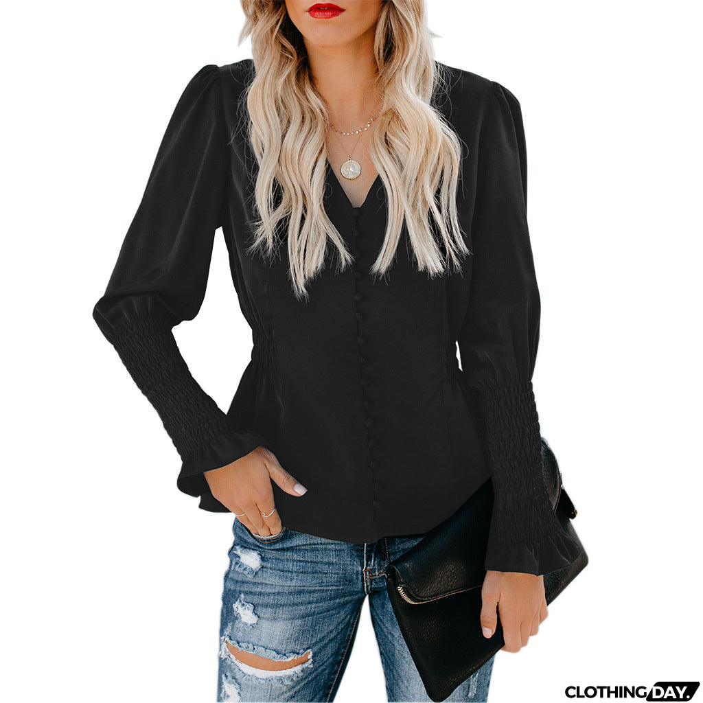 Casual V-Neck Long-Sleeved Shirt Top