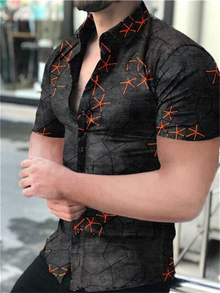 Summer Men's Polyester Casual Printing Short-sleeved Shirt Collar Cardigan Shirt-JRSEE