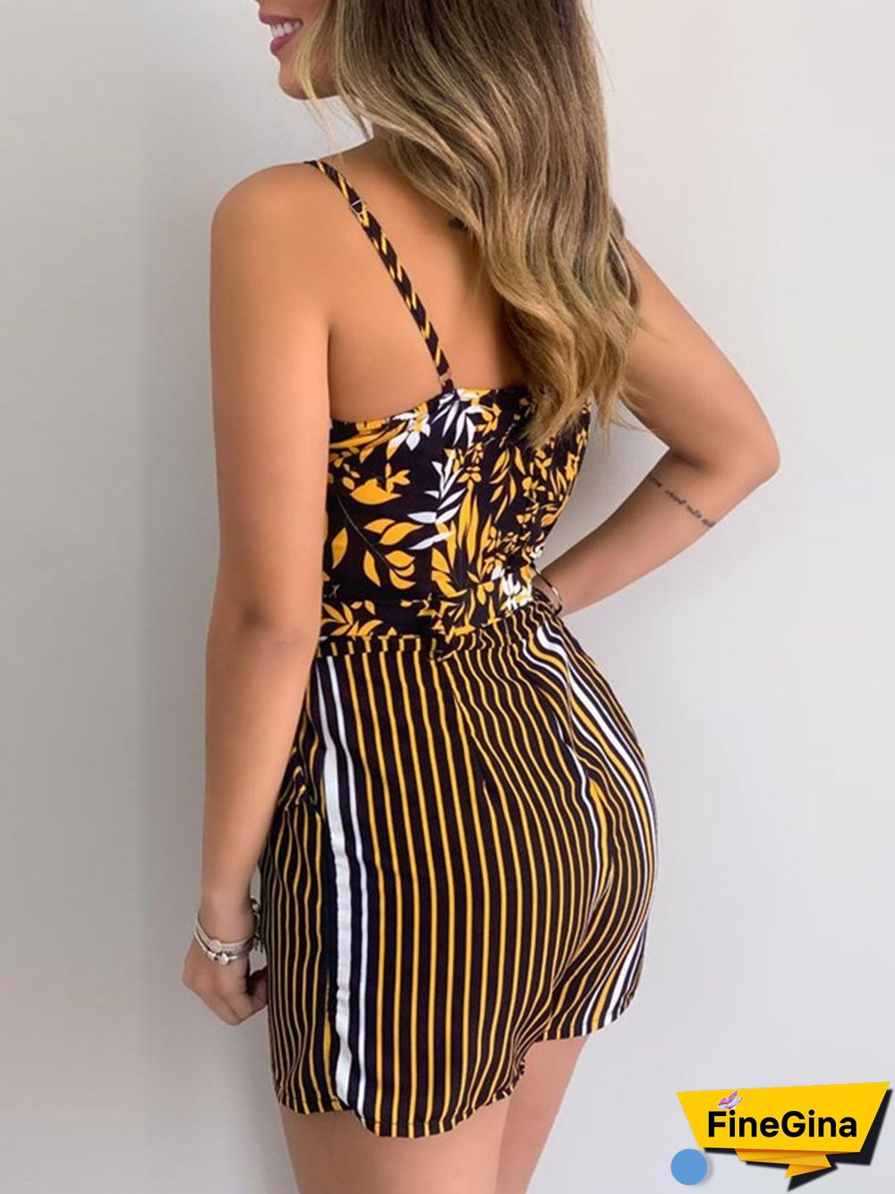 Sexy Nature Print StripeSling Romper P14653