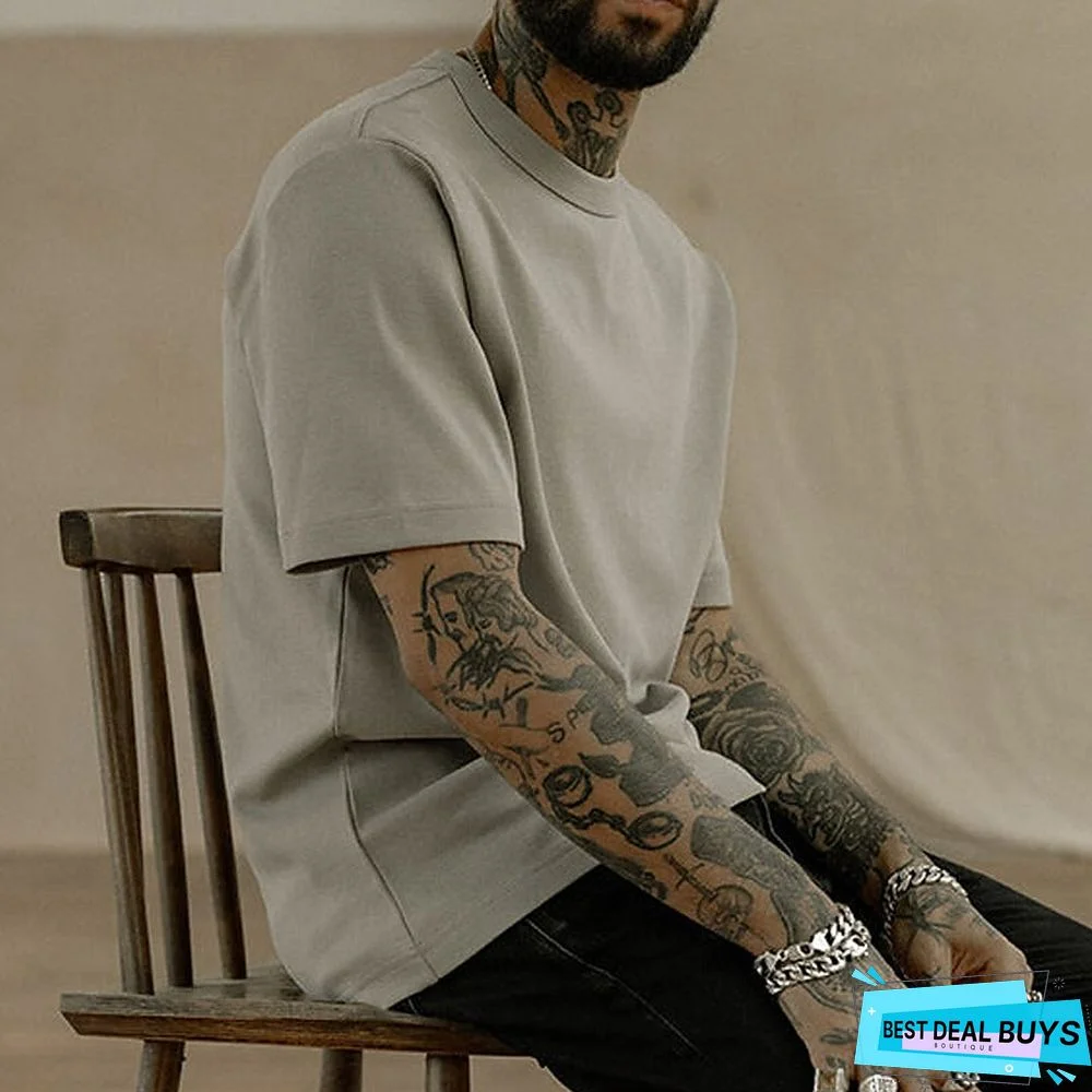 Men's 100% Cotton Acid Wash Shirt Oversized Shirt Plain Crew Neck Daily Wear Vacation Short Sleeve Clothing Apparel Fashion Sport Casual