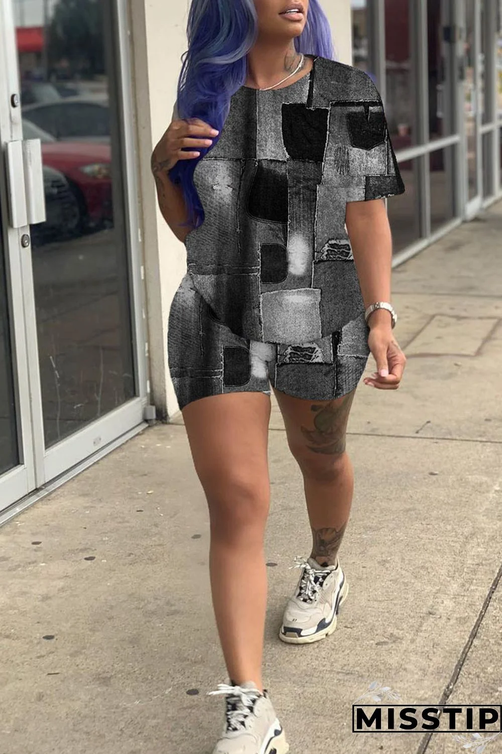 Apricot Casual Print Patchwork O Neck Short Sleeve Two Pieces