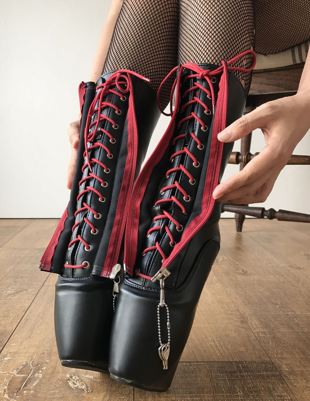 TAAFO TABOO Red Lockable Zip Ballet Hidden Red Lace Wedge Fetish Submissive Boot