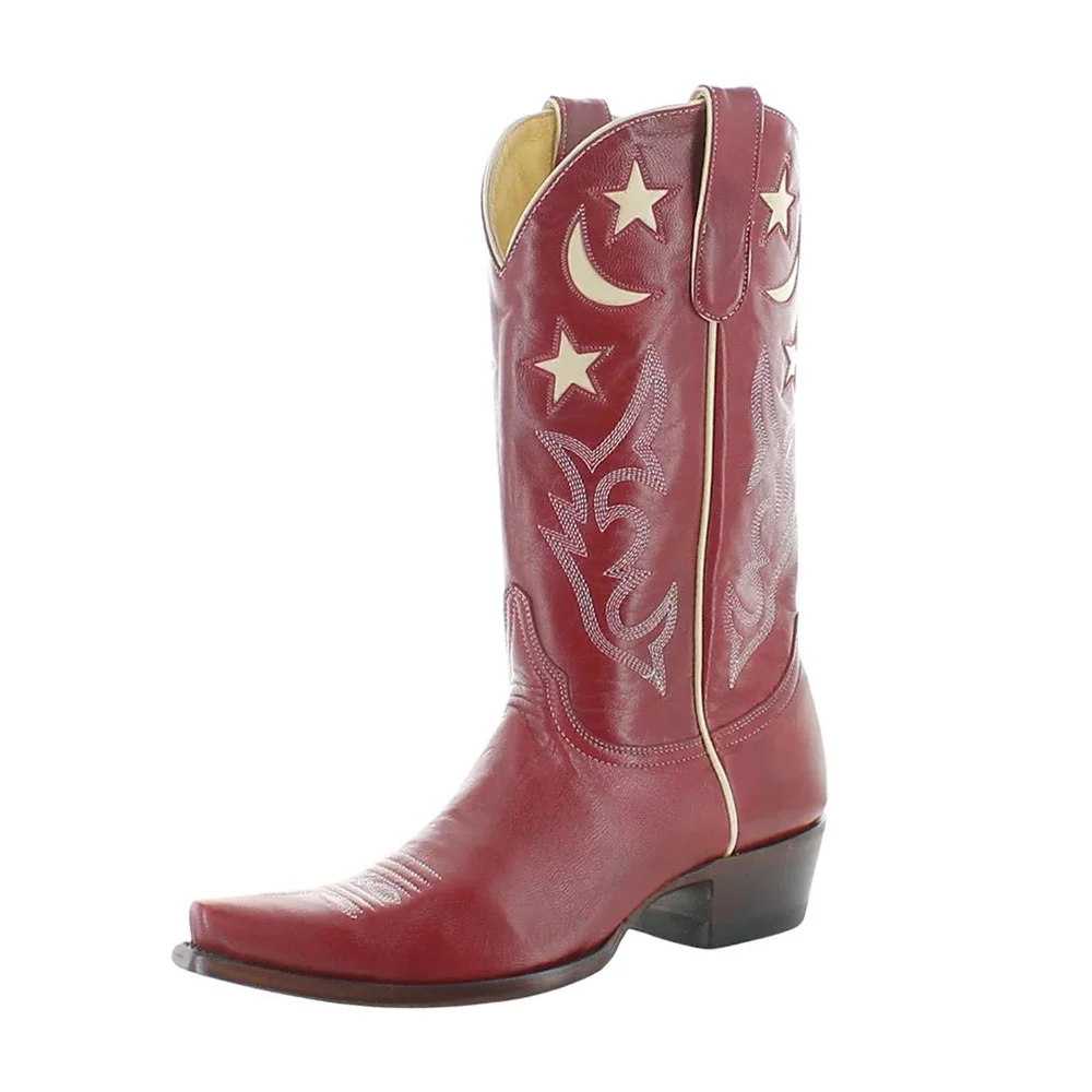 Maroon Embroidered Snip Toe Moon & Star Inlay Western Boots for Women