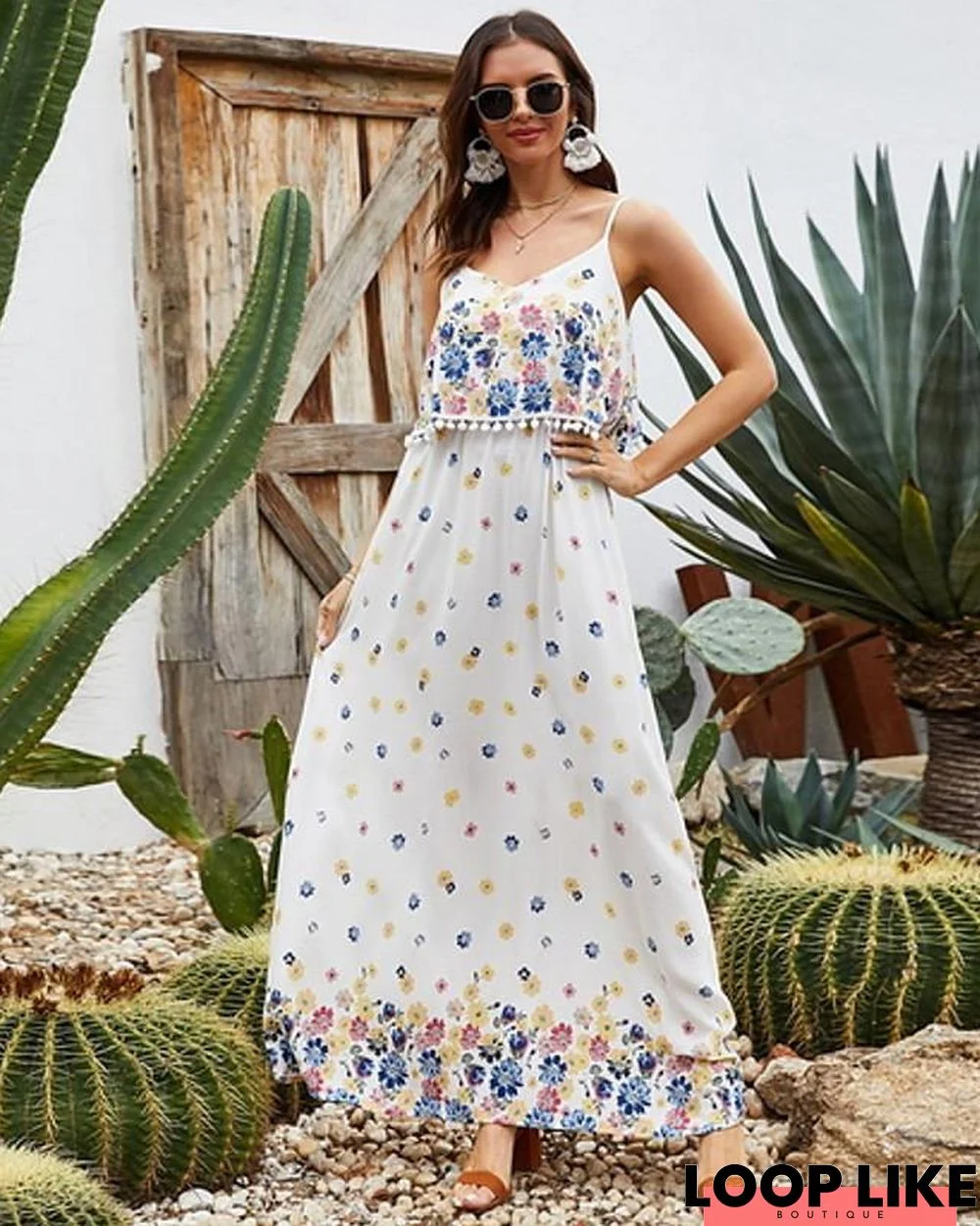 Women's Strap Dress Maxi Long Dress Sleeveless Floral Summer Elegant White Dresses