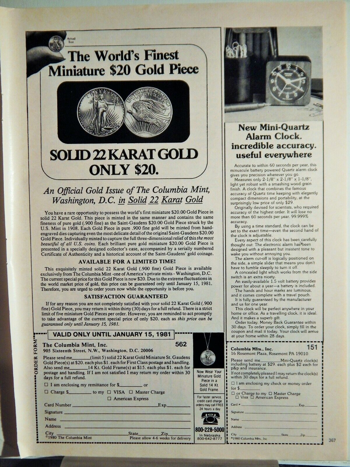 MINIATOR $20 GOLD PIECE / MINI-QUARTZ ALARM CLOCK ORIG VTG 1980 Photo Poster painting AD,