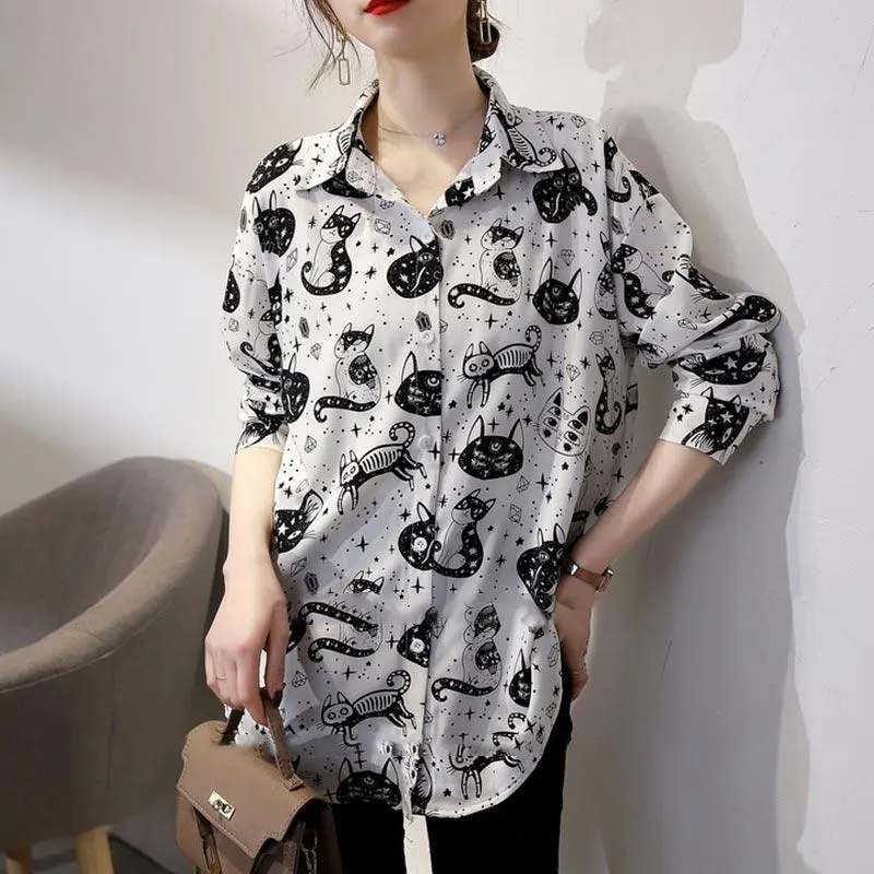 Cute Kitten Print Long Sleeve Shirt